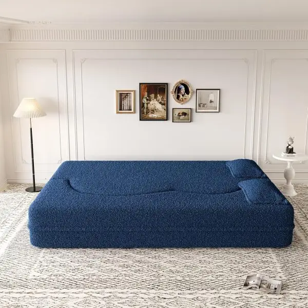 78"W Convertible Folding Sofa Bed, Teddy Full Size Futon Loveseat Sleeper Couch Bed with Pillows, Lounge Floor Sofa Folding Mattress, Compression Foam Boneless Couch for Living... - Image 5