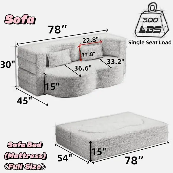 78"W Convertible Folding Sofa Bed, Teddy Full Size Futon Loveseat Sleeper Couch Bed with Pillows, Lounge Floor Sofa Folding Mattress, Compression Foam Boneless Couch for Living... - Image 8