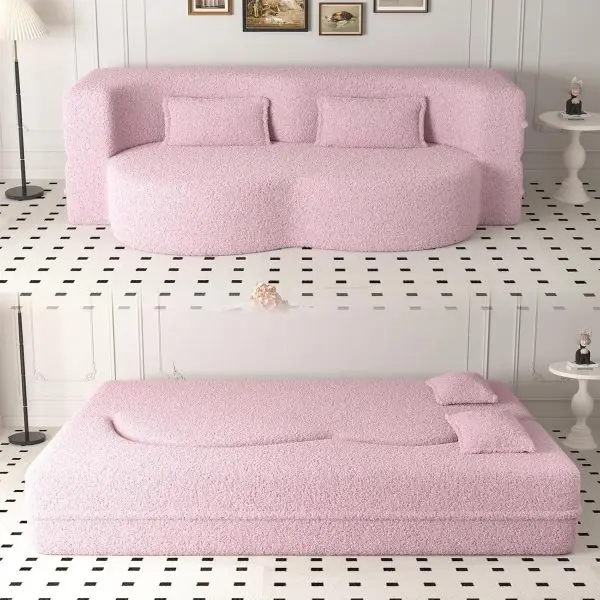 78"W Convertible Folding Sofa Bed, Teddy Full Size Futon Loveseat Sleeper Couch Bed with Pillows, Lounge Floor Sofa Folding Mattress, Compression Foam Boneless Couch for Living... - Image 9