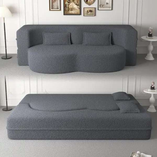 78"W Convertible Folding Sofa Bed, Teddy Full Size Futon Loveseat Sleeper Couch Bed with Pillows, Lounge Floor Sofa Folding Mattress, Compression Foam Boneless Couch for Living... - Image 10