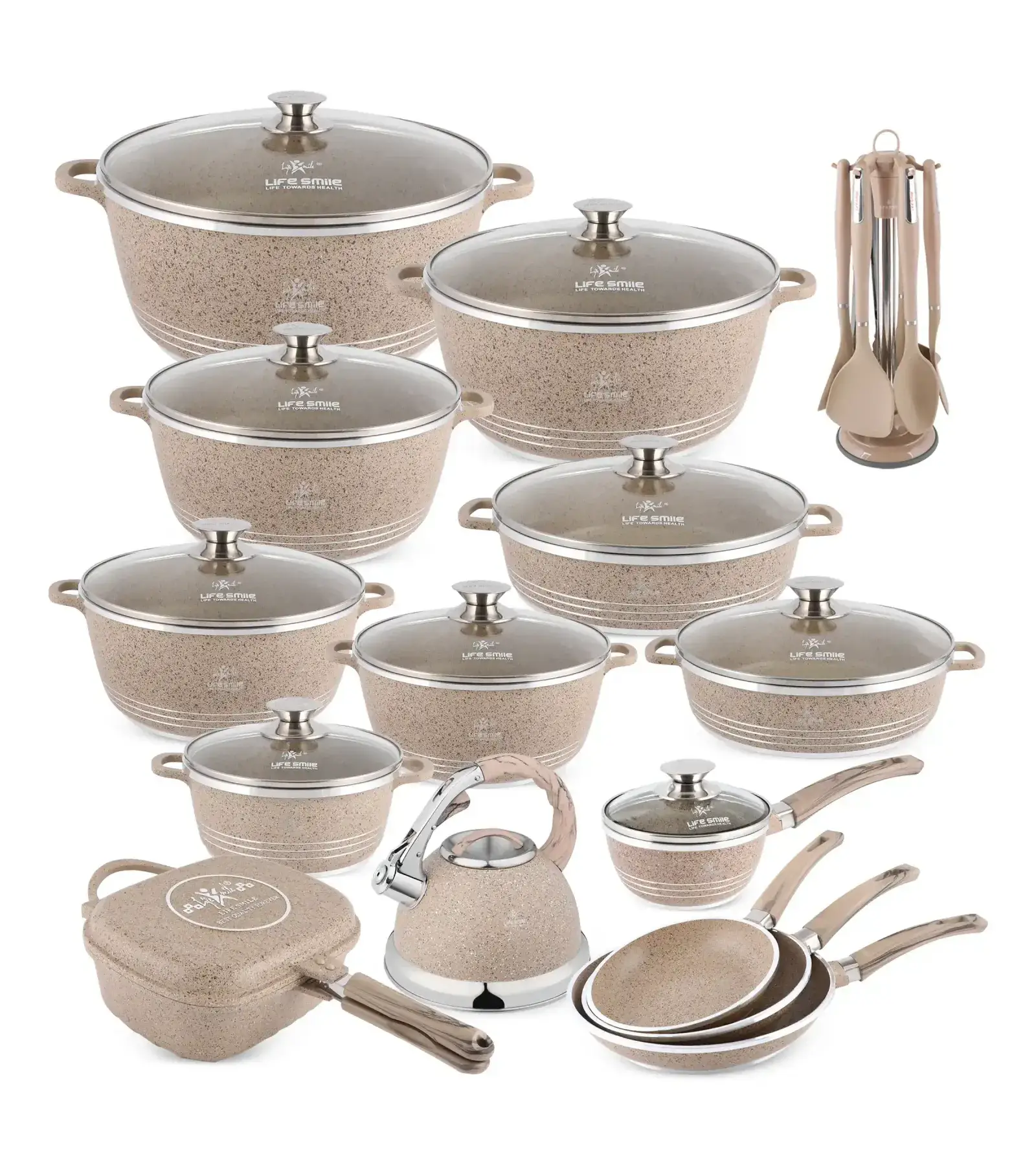 Anniversary sale, while supplies last:31 Pcs Non Stick Granite Kitchen Cooking Set with Tools