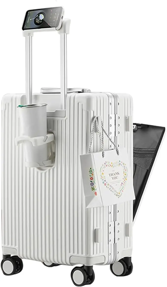 feilario Hardside Expandable Spinner Wheel Luggage, TSA Lock Carry on Suitcase, with Cup Holder & Phone Holder, 24in Sizes, White